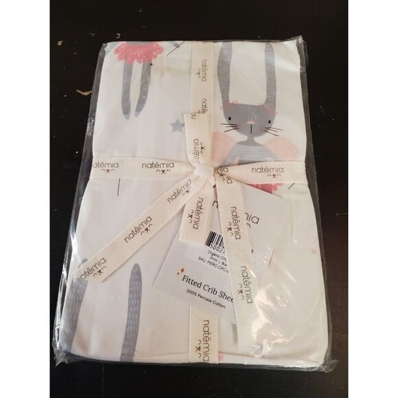 New NWT Natemia 100% Organic Percale Cotton Fitted Crib Sheet Ballerina Rabbit - Picture 1 of 2